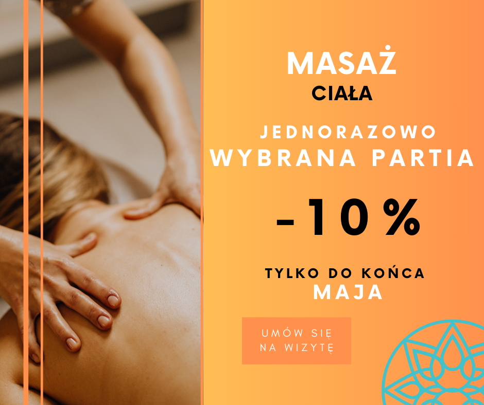 Masaż wybranej partii ciała –10% tylko do końca maja!
Zmęczone plecy? Napięcie w karku? A może potrzebujesz chwili dla siebie po całym tygodniu?
W naszym salonie możesz teraz zadbać o swoje ciało w wyjątkowej cenie – tylko do 31 maja każdy jednorazowy masaż wybranej partii ciała jest tańszy o 10%!
Wybierz: plecy, kark, nogi, ramiona, całe ciało...
Odprężenie, które poczujesz natychmiast
Profesjonalne techniki i indywidualne podejście %!
Nie odkładaj relaksu na później – zadbaj o siebie już dziś.